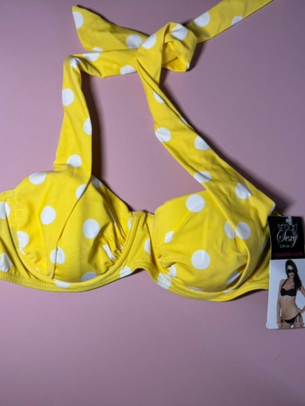 NWT Smart & Sexy Underwire Bikini Top,Yellow/White Polka Dot, Convertible Sz 34B